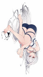 Rule 34 | 1girl, absurdres, arknights, barefoot, breasts, cleavage, commentary request, grey hair, hair between eyes, highres, long hair, looking at viewer, lying, medium breasts, on side, red eyes, shiershishisanfen, simple background, skadi (arknights), soles, solo, thighs, toes, very long hair, white background