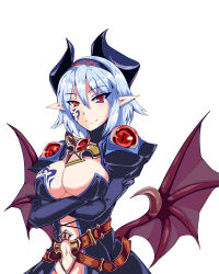 Rule 34 | 1girl, bat wings, belt, blue hair, breast hold, breast tattoo, breasts, cleavage, closed mouth, crossed arms, demon girl, facial tattoo, gem, heart, heart tattoo, horns, large breasts, looking at viewer, low wings, monster girl, monster girl encyclopedia, monster girl encyclopedia world guide i: fallen maidens, navel, pointy ears, red eyes, short hair, simple background, smile, solo, succubus (monster girl encyclopedia), succubus wilmarina, tattoo, tsurime, upper body, white background, wilmarina noscrim, wings, yu (yoki)