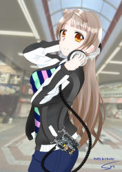 Rule 34 | 1girl, adjusting headphones, adjusting headset, artist name, artist request, black jacket, blue pants, blue shorts, blush, breasts, brown eyes, brown hair, female focus, grey hair, hair ornament, hair rings, hair scrunchie, headphones, headset, highres, jacket, light brown hair, long hair, long sleeves, looking at viewer, love live!, love live! school idol festival, love live! school idol project, medium breasts, minami kotori, outdoors, pants, parted lips, pink scrunchie, ponytail, punk rock, scrunchie, shirt, shorts, side ponytail, sireto zos, smile, solo, striped clothes, striped shirt, yellow eyes