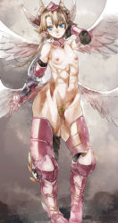 Rule 34 | 1girl, armor, asymmetrical hair, bad id, bad pixiv id, blonde hair, blue eyes, breasts, colored eyelashes, detached collar, dragon girl, dragon horns, feathered wings, female pubic hair, gauntlets, head wings, highres, horns, long hair, minerva (p&amp;d), multiple wings, nipples, pubic hair, puzzle &amp; dragons, small breasts, solo, sweat, wings, yohane