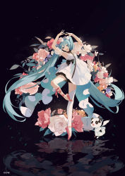 Rule 34 | 1girl, absurdres, animal, armpits, arms up, bad id, bad pixiv id, ballet, ballet slippers, bare shoulders, blue eyes, blue hair, clothed animal, commentary, copyright notice, crypton future media, detached sleeves, dress, flower, hair between eyes, hair flower, hair ornament, hatsune miku, head tilt, highres, long hair, miku with you (vocaloid), official art, panda, pink flower, pink footwear, pink rose, puffy short sleeves, puffy sleeves, reflection, rose, see-through, see-through sleeves, shoes, short sleeves, single thighhigh, sleeveless, sleeveless dress, solo, standing, standing on one leg, thighhighs, tiptoes, twintails, very long hair, vocaloid, white dress, white flower, white rose, white thighhighs, zhibuji loom