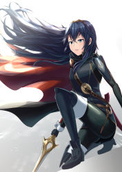 Rule 34 | 1girl, ameno (a meno0), bad id, bad twitter id, blue eyes, blue hair, boots, cape, falchion (fire emblem), fire emblem, fire emblem awakening, gloves, long hair, long sleeves, lucina (fire emblem), nintendo, simple background, solo, sword, symbol-shaped pupils, tiara, weapon, wind