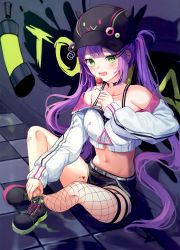 Rule 34 | 1girl, baseball cap, black camisole, black footwear, black hat, black shorts, camisole, candy, commentary, crop top, fake horns, fishnet thighhighs, fishnets, food, graffiti, green eyes, hair ornament, hairclip, hat, highres, holding, holding food, hololive, horned headwear, horns, jacket, lollipop, long hair, long sleeves, navel, off shoulder, puffy long sleeves, puffy sleeves, purple hair, seero, shoes, short shorts, shorts, single thighhigh, sleeves past wrists, solo, thighhighs, tokoyami towa, tokoyami towa (1st costume), twintails, very long hair, virtual youtuber, white jacket
