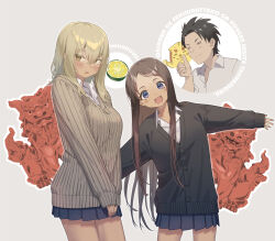 1boy 2girls =_= black_cardigan black_hair black_skirt blonde_hair blush breasts brown_background brown_cardigan brown_hair cardigan closed_mouth collared_shirt commentary_request copyright_name cowboy_shot fang food fruit hair_between_eyes higa_kana highres kazu_no_reason kyan_hina leaning_to_the_side lime_(fruit) lime_slice long_hair medium_breasts medium_hair multiple_girls nakamura_teruaki okinawa_de_suki_ni_natta_ko_ga_hougen_sugite_tsurasugiru open_mouth outstretched_arms pleated_skirt purple_eyes school_uniform shiisaa shirt short_hair skirt sleeves_past_wrists smile spread_arms standing tan thumbs_up v_arms white_shirt yellow_eyes