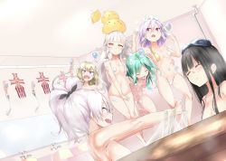 Rule 34 | 6+girls, :o, aoi takeru, arm up, azur lane, bath stool, black hair, black ribbon, blush, breasts, closed eyes, collarbone, commentary request, convenient arm, convenient censoring, faucet, flying sweatdrops, green hair, groin, hair between eyes, hair over breasts, hair over one breast, hair ribbon, hand up, high ponytail, highres, indoors, light brown hair, long hair, mirror, multiple girls, navel, nude, on head, open mouth, parted lips, purple eyes, purple hair, pussy, ribbon, shower head, side ponytail, silver hair, small breasts, soap bubbles, soap censor, stool, towel, towel on head, v-shaped eyebrows, very long hair, water, yellow eyes, z19 hermann kunne (azur lane), z1 leberecht maass (azur lane), z20 karl galster (azur lane), z21 (azur lane), z23 (azur lane), z46 (azur lane)