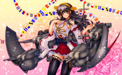 Rule 34 | 10s, 1girl, :d, black hair, black thighhighs, brown eyes, detached sleeves, flags of all nations, hair ornament, hairband, hairclip, haruna (kancolle), john r, kantai collection, long hair, looking at viewer, machinery, nontraditional miko, open mouth, petals, pleated skirt, skirt, smile, solo, sparkle, string of flags, thighhighs, turret, zettai ryouiki