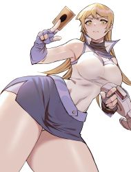 Rule 34 | 1girl, armpits, blonde hair, blush, breasts, carcass (artist), card, duel disk, fingerless gloves, gloves, highres, large breasts, long hair, looking at viewer, miniskirt, playing card, shiny skin, skirt, solo, tenjouin asuka, upskirt, very long hair, white background, wide hips, yu-gi-oh!