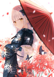 Rule 34 | 1girl, blue kimono, blurry, blurry background, blush, bug, butterfly, closed mouth, floral print, flower, hair flower, hair ornament, highres, holding, holding umbrella, insect, japanese clothes, kimono, long hair, long sleeves, looking at viewer, looking back, obi, oil-paper umbrella, original, parasol, red flower, sash, senri (senri sen), solo, spider lily, spider lily print, standing, umbrella, white background, white hair, yellow eyes