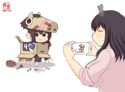 Rule 34 | 2girls, :3, = =, aged down, alternate costume, artist logo, black hair, black pants, blue eyes, braid, brown hair, cardboard, cellphone, child, closed mouth, commentary request, crayon, dated, dog, hair ornament, holding, holding phone, kanon (kurogane knights), kantai collection, multiple girls, one-hour drawing challenge, pants, phone, pink shirt, puppy, recording, scissors, shigure (kancolle), shirt, short hair, simple background, single braid, sleeves rolled up, smartphone, smile, socks, tape, white background, white legwear, yamashiro (kancolle)