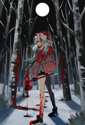 Rule 34 | 1girl, absurdres, animal ears, axe, bare tree, black gloves, black shorts, blood, blood on clothes, blood on face, blood on leg, condensation, forest, full body, full moon, gloves, hanah (populamalus), hatchet (axe), highres, hood, hood down, hooded jacket, horns, jacket, long hair, long sleeves, looking at viewer, moon, nature, night, open mouth, original, populamalus, red footwear, red jacket, ringed eyes, sheep ears, sheep horns, sheep tail, shirt, shoes, shorts, sneakers, snow, socks, solo, tail, tree, white hair, white shirt, white socks