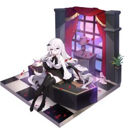 Rule 34 | 1girl, bat wings, black bow, black footwear, black skirt, black thighhighs, bow, bowtie, candle, checkered floor, coffin, cup, curtains, desk, desk lamp, eversoul, frilled sleeves, frills, full body, full moon, game cg, hair between eyes, highres, holding, holding cup, lamp, long hair, long sleeves, looking at viewer, moon, non-web source, official alternate costume, official alternate hairstyle, official art, pale skin, petals, plant, potted plant, purple eyes, rebecca (eversoul), rose petals, shirt, sitting, skirt, smile, solo, tachi-e, tea, teacup, thighhighs, transparent background, very long hair, white hair, white shirt, window, wings, zettai ryouiki