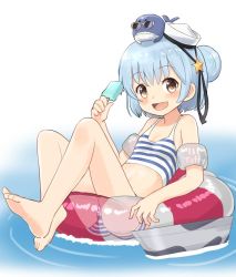 Rule 34 | 1girl, ahenn, animal, barefoot, bikini, black ribbon, blue hair, blush, brown eyes, dixie cup hat, double bun, fang, flat chest, floating, food, full body, hair bun, hat, holding, inflatable armbands, innertube, kantai collection, little blue whale (kancolle), military hat, mini hat, open mouth, popsicle, ribbon, samuel b. roberts (kancolle), solo, star (symbol), striped bikini, striped clothes, swim ring, swimsuit, water, whale