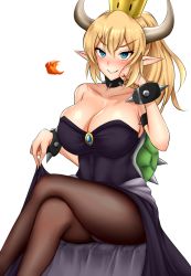 Rule 34 | &gt;:), 1girl, armlet, bad id, bad pixiv id, bare shoulders, black dress, black pantyhose, blonde hair, blue eyes, blush, bowsette, bracelet, breasts, cleavage, clothes lift, collar, collarbone, crimecrime, crown, dress, dress lift, gem, head rest, highres, horns, jewelry, large breasts, legs, long hair, mario (series), new super mario bros. u deluxe, nintendo, pantyhose, parted lips, pointy ears, sitting, smirk, spiked bracelet, spiked collar, spikes, strapless, strapless dress, super crown, tail, thighs, turtle shell