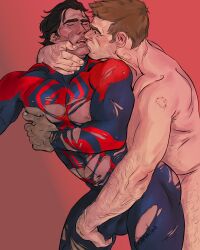 Rule 34 | 2boys, absurdres, anal, artist name, bara, black hair, blue bodysuit, bodysuit, brown hair, closed eyes, completely nude, dark-skinned male, dark skin, fernaitor, george stacy, highres, large pectorals, male focus, male penetrated, marvel, mature male, miguel o&#039;hara, multiple boys, muscular, muscular male, navel, nipples, nude, pectorals, red bodysuit, sex, sex from behind, short hair, spider-man: across the spider-verse, spider-man (series), spider-verse, torn bodysuit, torn clothes, two-tone bodysuit, yaoi