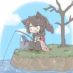 Rule 34 | 1boy, animal ears, bare tree, black hair, brown pants, bucket, cat ears, chibi, cloud, collar, commentary request, day, detached sleeves, drooling, fishing, fishing rod, full body, fur collar, holding, holding fishing rod, looking down, male focus, medium hair, mouth drool, open mouth, outdoors, pants, ponytail, ragnarok online, red shirt, shirt, sitting, sleeveless, sleeveless shirt, solo, sorcerer (ragnarok online), spiked collar, spikes, stool, takuto173, tree, water, whale, white sleeves