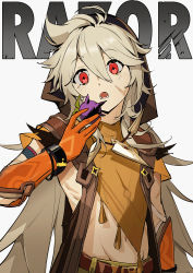 Rule 34 | 1boy, absurdres, ahoge, berry, bishounen, bone necklace, character name, genshin impact, gloves, grey hair, hand up, highres, jewelry, linpiu, long hair, male focus, necklace, open mouth, orange gloves, razor (genshin impact), red eyes, scar, scar on face, simple background, sleeveless, solo, toned