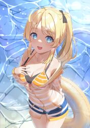 Rule 34 | 1girl, absurdres, ahoge, arm behind back, bare shoulders, bikini, bikini under clothes, blonde hair, blue eyes, blue nails, breasts, bright pupils, cleavage, from above, front-tie bikini top, front-tie top, hachimiya meguru, hand on own chest, highres, idolmaster, idolmaster shiny colors, innertube, large breasts, layered bikini, long hair, looking at viewer, ninoppu, open mouth, short shorts, shorts, side ponytail, sidelocks, smile, solo, striped bikini, striped clothes, swim ring, swimsuit, thigh gap, water