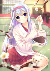Rule 34 | 10s, 1girl, an jera, apron, blush, branch, breasts, candy, chocolate, chocolate heart, flower, food, hair between eyes, hairband, heart, highres, icing, kantai collection, long hair, looking at viewer, petals, plate, pleated skirt, purple eyes, robe, shoukaku (kancolle), silver hair, sitting, skirt, smile, solo, tatami, valentine, yokozuwari