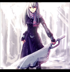Rule 34 | 00s, 1girl, artist request, fate/stay night, fate (series), illyasviel von einzbern, letterboxed, long hair, aged up, outdoors, puyo (puyotopia), red eyes, scarf, solo, sword, weapon, white hair