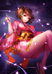 Rule 34 | 10s, 1girl, ass, breasts, brown hair, cherry blossoms, floral print, hair ribbon, hui jie, japanese clothes, kimono, koutetsujou no kabaneri, large breasts, long sleeves, looking at viewer, mumei (kabaneri), parted lips, petals, purple ribbon, red eyes, resolution mismatch, ribbon, short hair, short kimono, solo, source larger, twintails