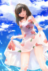 Rule 34 | 1girl, black hair, blue eyes, blue sky, blush, breasts, cloud, day, dress, floral print, fpanda, from below, hairband, highres, idolmaster, idolmaster cinderella girls, jewelry, large breasts, long hair, looking at viewer, necklace, ocean, one eye closed, open mouth, outdoors, round teeth, sagisawa fumika, skirt hold, sky, sleeveless, smile, solo, teeth, wading, white dress