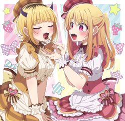 Rule 34 | 2girls, absurdres, blonde hair, blush, breasts, character name, chocolate, closed eyes, commentary request, demon horns, dress, fake horns, fangs, feeding, highres, horns, hoshino ruby, long hair, long sleeves, maid, medium breasts, meiji (meizi493), mem-cho, multicolored hair, multiple girls, one side up, open mouth, oshi no ko, pink eyes, saliva, short hair, star-shaped pupils, star (symbol), symbol-shaped pupils, tongue
