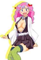 Rule 34 | 1girl, cosplay, japanese clothes, kanroji mitsuri (cosplay), kimetsu no yaiba, pink hair, ran (urusei yatsura), smile, solo, thighhighs, underwear, urusei yatsura