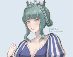 Rule 34 | 1girl, artist name, blue background, blue dress, braid, breasts, cleavage, clivenzu, commission, crown, crown braid, dress, english text, green eyes, green hair, juliet sleeves, long sleeves, looking at viewer, original, parted lips, puffy sleeves, smile, solo, striped clothes, striped dress, upper body, v-neck