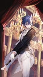 Rule 34 | 1boy, blue eyes, blue hair, bow, bowtie, candle, candlestand, cane, chandelier, curtains, feathers, formal, gloves, hair between eyes, highres, holding, holding cane, indoors, kaito (vocaloid), long sleeves, male focus, miku symphony (vocaloid), nekota yama, official alternate costume, pants, parted lips, red curtains, shirt, solo, standing, suit, tailcoat, two-sided fabric, two-sided tailcoat, vocaloid, waistcoat, white bow, white bowtie, white gloves, white mask, white pants, white shirt