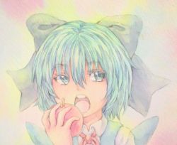 Rule 34 | 1girl, acrylic paint (medium), apple, blue eyes, blue hair, bow, cirno, eating, facing viewer, food, fruit, gradient background, graphite (medium), hair bow, highres, looking at viewer, looking away, matching hair/eyes, open mouth, painting (medium), ribbon, short hair, solo, touhou, traditional media, upper body, watercolor (medium), wings, yuyu (00365676)