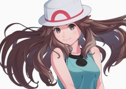 Rule 34 | 1girl, bare arms, breasts, brown hair, bucket hat, closed mouth, collarbone, commentary request, creatures (company), eyelashes, floating hair, game freak, green shirt, grey eyes, hair flaps, hat, highres, leaf (pokemon), long hair, looking at viewer, nintendo, pokemon, pokemon frlg, ruinai, shirt, simple background, sleeveless, sleeveless shirt, smile, solo, upper body, white background, white hat