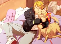 Rule 34 | 10s, 1boy, bed, birthday, blonde hair, blue eyes, blue jacket, bomber jacket, confetti, denim, dog, imasan, jacket, jeans, john (tiger &amp; bunny), keith goodman, male focus, manly, pants, pillow, shoes, short hair, sneakers, solo, tiger &amp; bunny