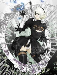 Rule 34 | 1girl, 2b (nier:automata), black blindfold, black dress, black gloves, blindfold, cleavage cutout, clothing cutout, dress, feathers, gloves, highres, kainarbell, katana, looking at object, nier:automata, nier (series), reaching, sheath, sheathed, short hair, solo, sword, two-tone gloves, weapon, white gloves