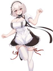 Rule 34 | 1girl, apron, azur lane, black footwear, blush, breasts, choker, cleavage, collarbone, dress, frills, grey hair, hair between eyes, heart, high heels, highres, kuwahara taiki, lace, lace-trimmed legwear, lace trim, large breasts, looking at viewer, maid, maid apron, maid headdress, open mouth, puffy sleeves, red eyes, ribbon, shoes, short hair, short sleeves, simple background, sirius (azur lane), smile, solo, thighhighs, thighs, white background, white dress, white hair, white thighhighs