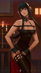 Rule 34 | 1girl, absurdres, adjusting clothes, adjusting legwear, artist name, bare shoulders, black choker, black dress, black gloves, black hair, black thighhighs, breasts, candle, candlelight, candlestand, choker, cleavage, dress, fingerless gloves, floral print, flower, gloves, gold hairband, hair flower, hair ornament, hairband, highres, lips, looking to the side, medium breasts, off-shoulder dress, off shoulder, parted lips, pendant choker, red eyes, rose, rose print, solo, spikes, spy x family, squidsmith, taut clothes, taut dress, thighhighs, two-sided dress, two-sided fabric, yor briar