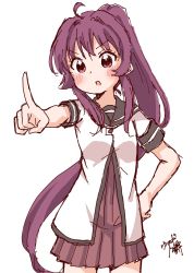 Rule 34 | 1girl, ahoge, blush, commentary request, cowboy shot, dress, hand on own hip, highres, index finger raised, long hair, nanamori school uniform, open mouth, outstretched arm, pointing, pointing up, ponytail, purple eyes, purple hair, school uniform, serafuku, short sleeves, signature, simple background, sketch, solo, sugiura ayano, tsundere, usagi koushaku, white background, yuru yuri