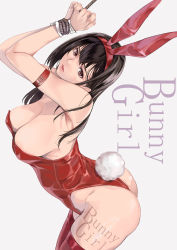 Rule 34 | 1girl, animal ears, arched back, areola slip, armlet, arms up, ass, bare shoulders, bdsm, black hair, body writing, bondage, bound, bound wrists, breasts, cleavage, commentary request, cowboy shot, fake animal ears, fake tail, female focus, hairband, highleg, highleg leotard, highres, large breasts, leotard, lips, long hair, looking at viewer, original, parted lips, playboy bunny, rabbit ears, rabbit tail, red leotard, red thighhighs, restrained, rope, solo, strapless, strapless leotard, striped, tail, thighhighs, thong, thong leotard, wrist cuffs, yamaishi (mukoubuti)