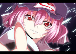 Rule 34 | 1girl, anime coloring, bad id, bad pixiv id, bisuke (k step2009), blurry, close-up, depth of field, female focus, foreshortening, grin, hat, highres, k step2009, letterboxed, looking at viewer, outstretched hand, pink eyes, ponytail, red eyes, saigyouji yuyuko, short hair, smile, solo, touhou, triangular headpiece, upper body