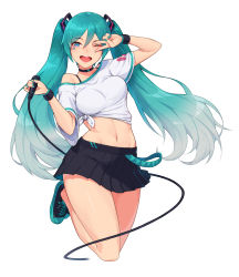 Rule 34 | 1girl, ;d, alternate costume, aqua hair, aqua nails, arm up, bare legs, black choker, black footwear, black skirt, blue eyes, blush, bouncing breasts, breasts, cable, choker, commentary, english commentary, facial mark, full body, hair between eyes, hatsune miku, highres, holding, holding microphone, jumping, long hair, looking at viewer, medium breasts, microphone, miniskirt, nail polish, navel, off shoulder, one eye closed, open mouth, pleated skirt, radjeong, shirt, shoes, short sleeves, simple background, single bare shoulder, skirt, smile, sneakers, solo, stomach, sweatband, teeth, tied shirt, twintails, upper teeth only, v over eye, very long hair, vocaloid, white background, white shirt