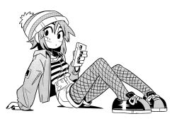 Rule 34 | 1girl, absurdres, arm support, black footwear, black nails, carles dalmau, cellphone, dithering, fishnet pantyhose, fishnets, hat, highres, holding, holding phone, jacket, knees up, looking at viewer, monochrome, original, pantyhose, phone, shadow, shirt, short hair, shorts, simple background, sitting, smartphone, solo, striped clothes, striped shirt, white background