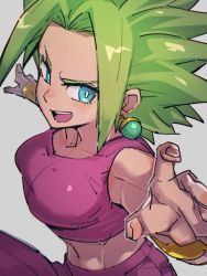 Rule 34 | 1girl, :d, blue eyes, breasts, bright pupils, dragon ball, dragon ball super, earrings, green hair, grey background, jewelry, kefla (dragon ball), kemachiku, looking at viewer, medium breasts, midriff, navel, open mouth, pants, potara earrings, simple background, smile, solo, spiked hair, super saiyan, tank top, white pupils