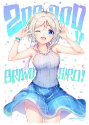 Rule 34 | .live, 1girl, ;d, absurdres, ahoge, antenna hair, armpits, arms up, artist name, blue eyes, blue skirt, blush, breasts, character name, collarbone, confetti, cowboy shot, dated, grey shirt, highres, large breasts, looking at viewer, nijihashi sora, one eye closed, open mouth, parted bangs, plaid, plaid shirt, plaid skirt, shirt, shoes, short hair, silver hair, simple background, dennou shoujo siro, skirt, sleeveless, sleeveless shirt, smile, solo, standing, tareme, v, virtual youtuber, white background, wrist cuffs