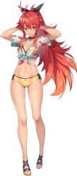 Rule 34 | 1girl, antenna hair, arms behind head, artist request, black choker, breasts, cermia (epic seven), choker, epic seven, front-tie top, full body, hands up, hawaiian shirt, medium breasts, official art, ponytail, red hair, sandals, shirt, short sleeves, sidelocks, simple background, solo, swimsuit, third-party source, third eye, tied shirt, toeless footwear, transparent background, yellow eyes