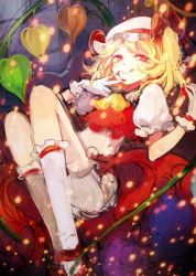 Rule 34 | 1girl, :q, ascot, blonde hair, blood, bloomers, chinese lantern (plant), embodiment of scarlet devil, female focus, flandre scarlet, gloves, hat, kneehighs, licking lips, light particles, mary janes, midriff, red eyes, reika (clovia studio), shoes, short hair, side ponytail, smile, socks, solo, tongue, tongue out, touhou, underwear, white gloves, white socks, wings