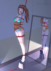 Rule 34 | 1girl, bdsm, bondage, bound, bra, breasts, brown hair, bucket, green bra, green panties, hidden (pixiv 46421548), highres, large breasts, lingerie, mirror, object between breasts, orange eyes, panties, peril, ponytail, red rope, rope, sex toy, shibari, shibari over clothes, solo, tape on mouth, underwear, vibrator, vibrator cord, vibrator under clothes
