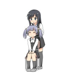 Rule 34 | 10s, 2girls, ^ ^, animated, animated gif, asashio (kancolle), black dress, black hair, black legwear, blinking, blouse, blue eyes, blunt bangs, blush, bow, buttons, chair, closed eyes, dress, full body, green ribbon, hair between eyes, hair bow, hair ribbon, hands on own knees, kantai collection, long hair, long sleeves, looking at another, multiple girls, nedia (nedia region), nichijou, ooshio (kancolle), open mouth, pinafore dress, playing with another&#039;s hair, ribbon, school uniform, shirt, short dress, short hair, short twintails, simple background, sitting, sleeveless, sleeveless dress, standing, thighhighs, tokisadame school uniform, twintails, white background, white shirt