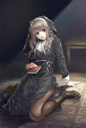 Rule 34 | 1girl, arm support, black pantyhose, black robe, blush, book, boots, brown footwear, brown hair, commentary request, cross, full body, habit, hair ornament, high heel boots, high heels, highres, holding, holding book, indoors, jewelry, leaning back, long hair, looking at viewer, luna (reclaimed land), necklace, nun, on floor, original, pantyhose, parted lips, robe, sitting, solo, twintails, wariza
