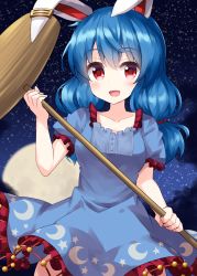 Rule 34 | 1girl, animal ears, blue dress, blue hair, breasts, cowboy shot, crescent print, dress, earclip, full moon, highres, holding, holding mallet, kine, long hair, looking at viewer, low twintails, mallet, medium breasts, moon, night, open mouth, rabbit ears, red eyes, ruu (tksymkw), seiran (touhou), short sleeves, sky, smile, solo, standing, star (sky), star (symbol), star print, starry sky, touhou, twintails, yellow moon