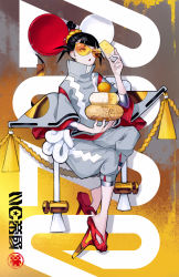 Rule 34 | 1girl, :o, arm up, blunt bangs, cheese, collar, commentary request, food, full body, goggles, grey shirt, grey shorts, hair ornament, highres, holding, holding food, looking to the side, nc empire (circle), open mouth, original, red footwear, shirt, shoelaces, short hair, shorts, simple background, sitting, solo, wide sleeves, yellow eyes