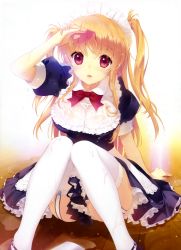 Rule 34 | 1girl, absurdres, arm up, asymmetrical hair, blonde hair, bow, bowtie, breasts, cleavage, clothes between thighs, garter straps, highres, lace, lace-trimmed legwear, lace trim, large breasts, lips, long hair, maid, parted lips, puffy sleeves, red eyes, scan, see-through, shirahane nao, solo, spill, thighhighs, two side up, water, wet, wet clothes, wet hair, white thighhighs